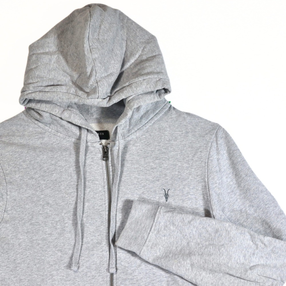 AllSaints Zip Hoodie Mens Large Grey Cotton Ramskull Embroidered Casual Jacket - Picture 3 of 11